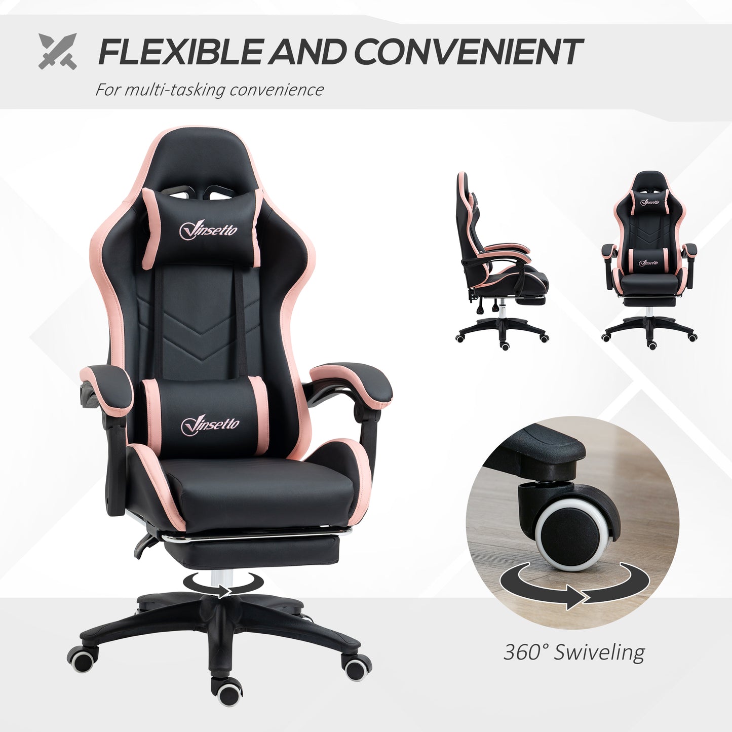 Vinsetto Computer Gaming Chair, PU Leather Office Desk Chair with Footrest, Swivel Wheels, 135° Reclining Back, Lumbar Support, Headrest for Home, Black and Pink