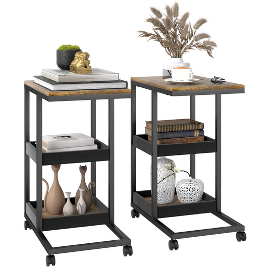 HOMCOM Mobile Sofa Side Table Set of 2, Industrial C-Shaped Rolling Table with 3-Tier Storage Shelving, Four Lockable Wheels Steel Frame, Dark Brown