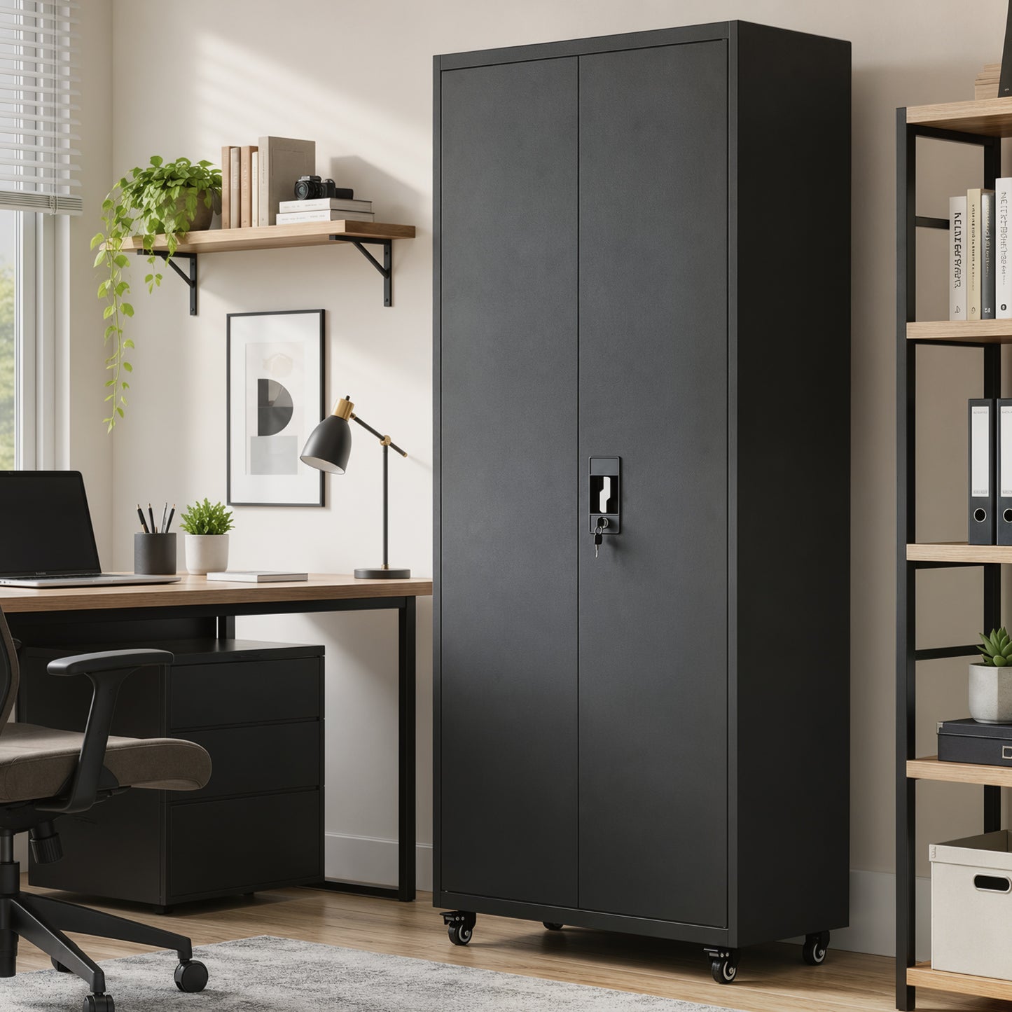 HOMCOM Metal Storage Cabinet, 180 cm Tall Lockable Steel Tool Cabinet with Removable Wheels and Adjustable Shelves, Black