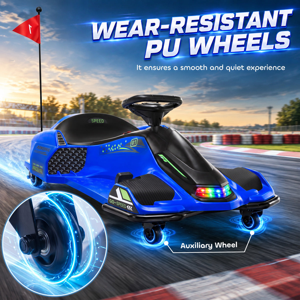 HOMCOM 12V Kids Electric Go Kart, Ride on Drift Car with 2 Speeds, Soft Start, Music, Colourful LED Lights for Ages 8-12, Blue