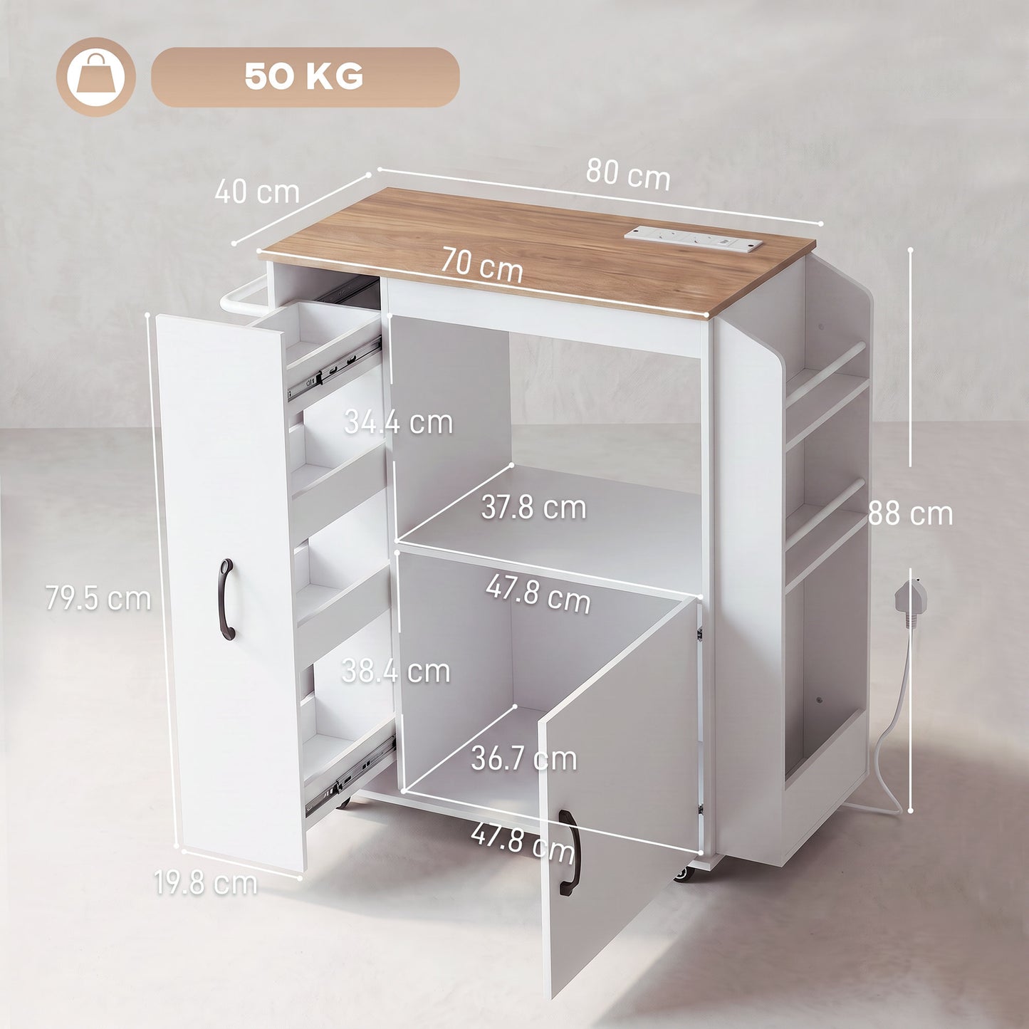 HOMCOM Kitchen Trolley on Wheels, Rolling Kitchen Island Cart with Power Outlet, Cabinet, Pull-Out Drawer, White