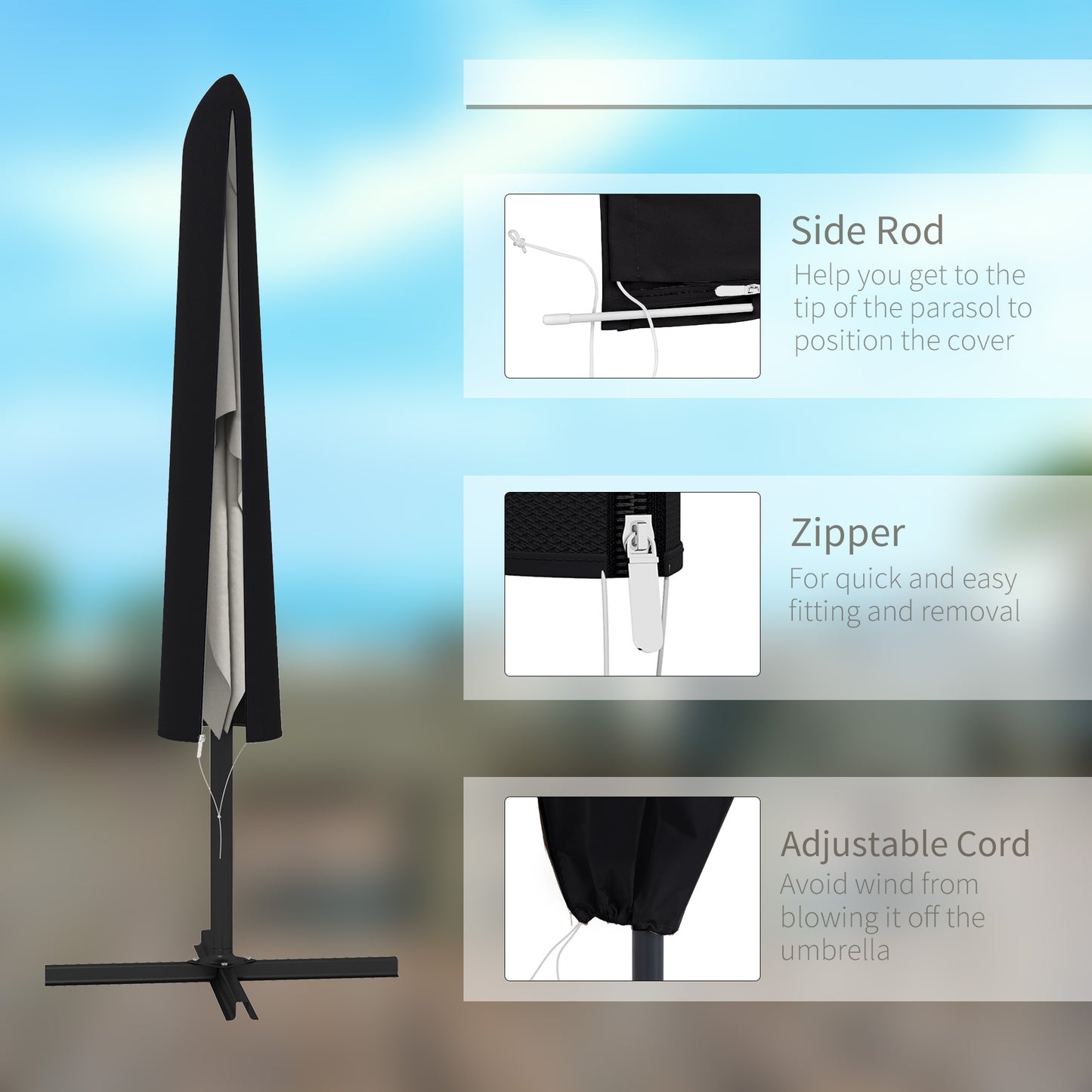 Outsunny Garden Parasol Cover, Outdoor Patio Umbrella Protector Weatherproof Garden Patio with Rod, Zipper for 2-4m Parasol, Î¦60 x 160cm, Black