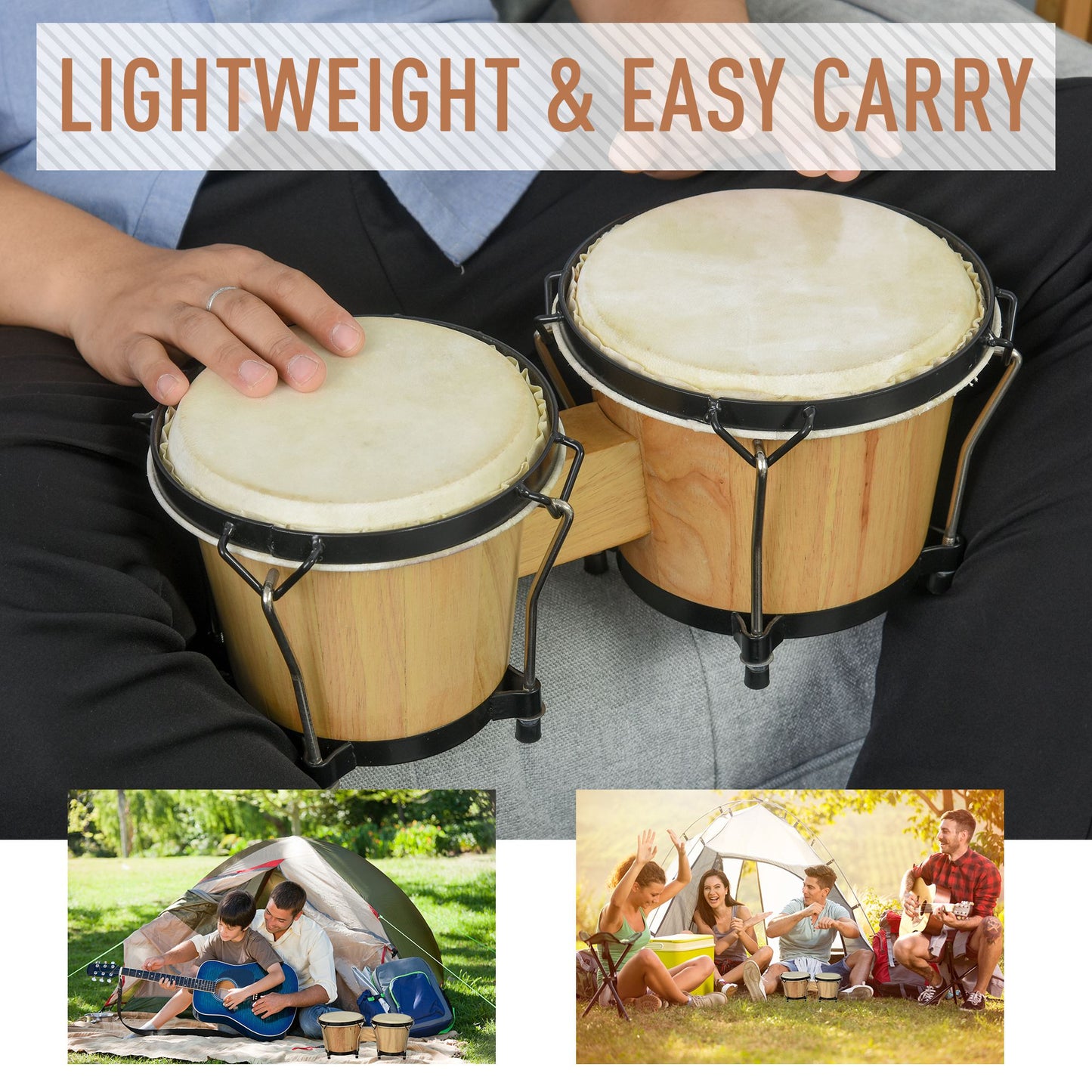 HOMCOM Wooden Bongo Drum Set Î¦7.75" & Î¦7" w/ Drum Head, Percussion Instrument, Drums, Tuning Wrench For Adults Beginners