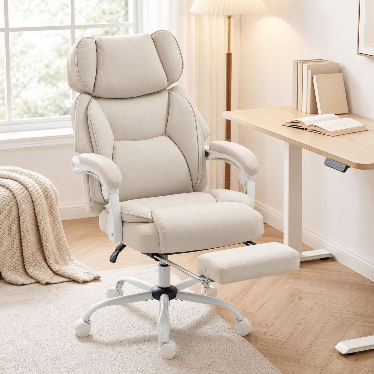 HOMCOM Office Chair with Massage, Heat, Adjustable Headrest, Leathaireâ€Œ Reclining Desk Chair with Footrest, Cream White