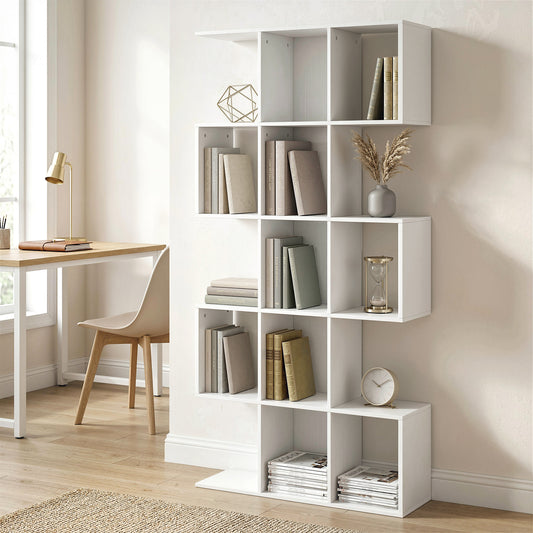 HOMCOM 5-Tier Bookshelf, S Shaped Geometric Bookcase with 15 Compartments, White Wood Effect