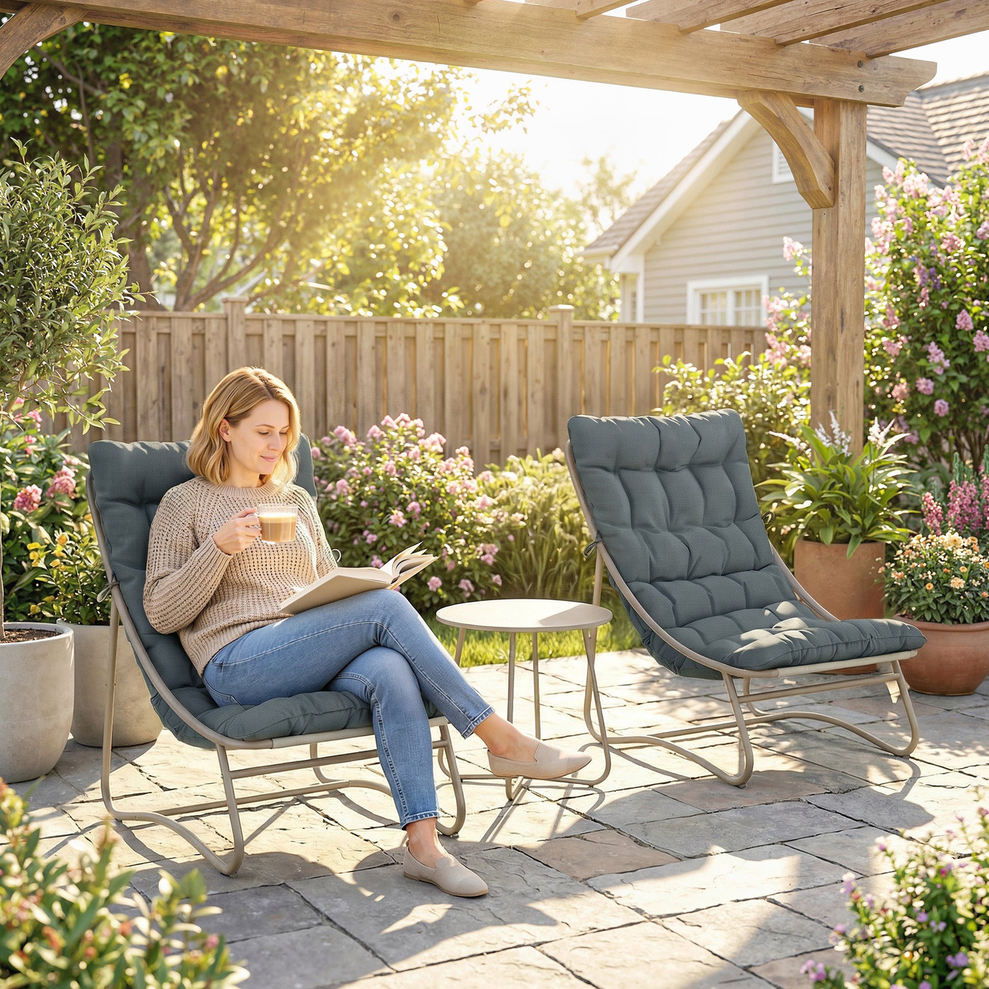 Outsunny 3 Piece Garden Bistro Set, Round Outdoor Bistro Table and Chairs Set for 2 with Texteline Seat and Cushions, Dark Grey