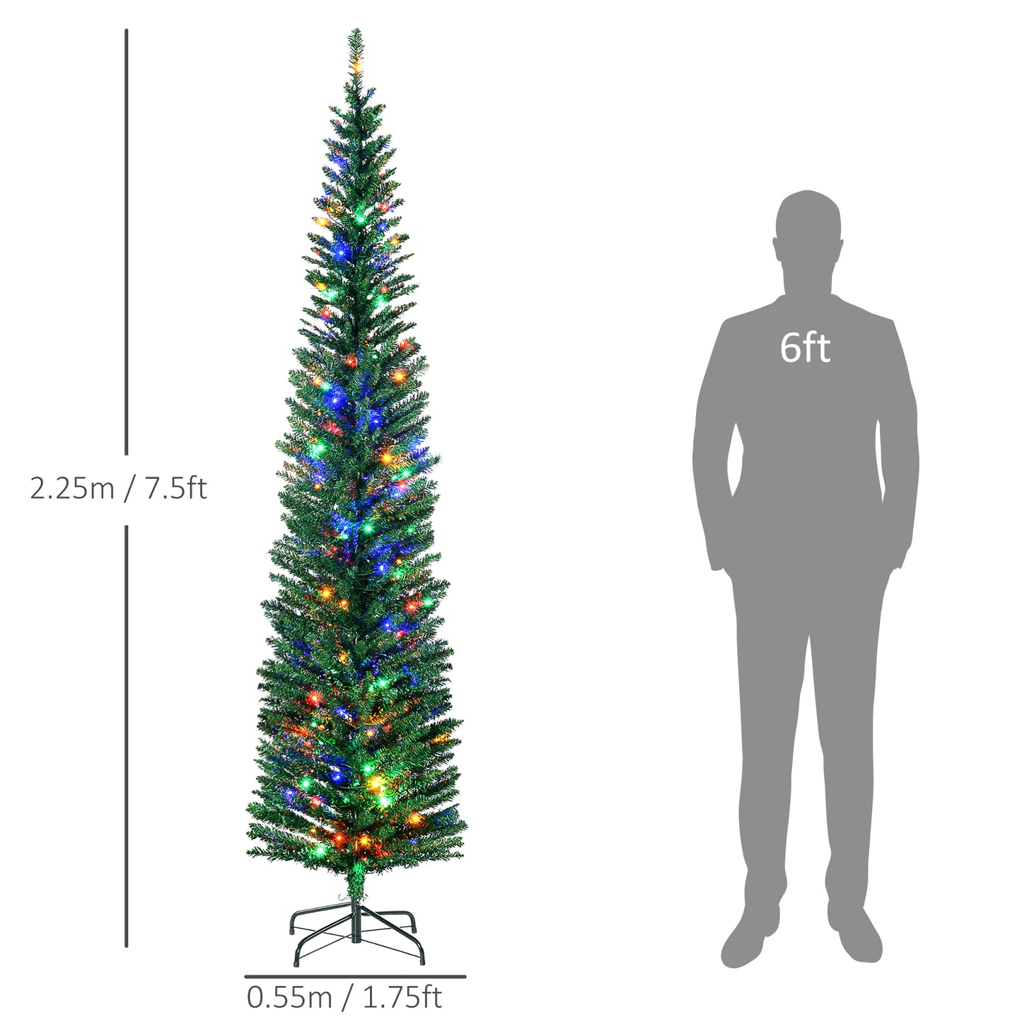 HOMCOM 7.5' Artificial Prelit Christmas Trees Holiday DÃ©cor with Colourful LED Lights, Pencil Shape, Steel Base
