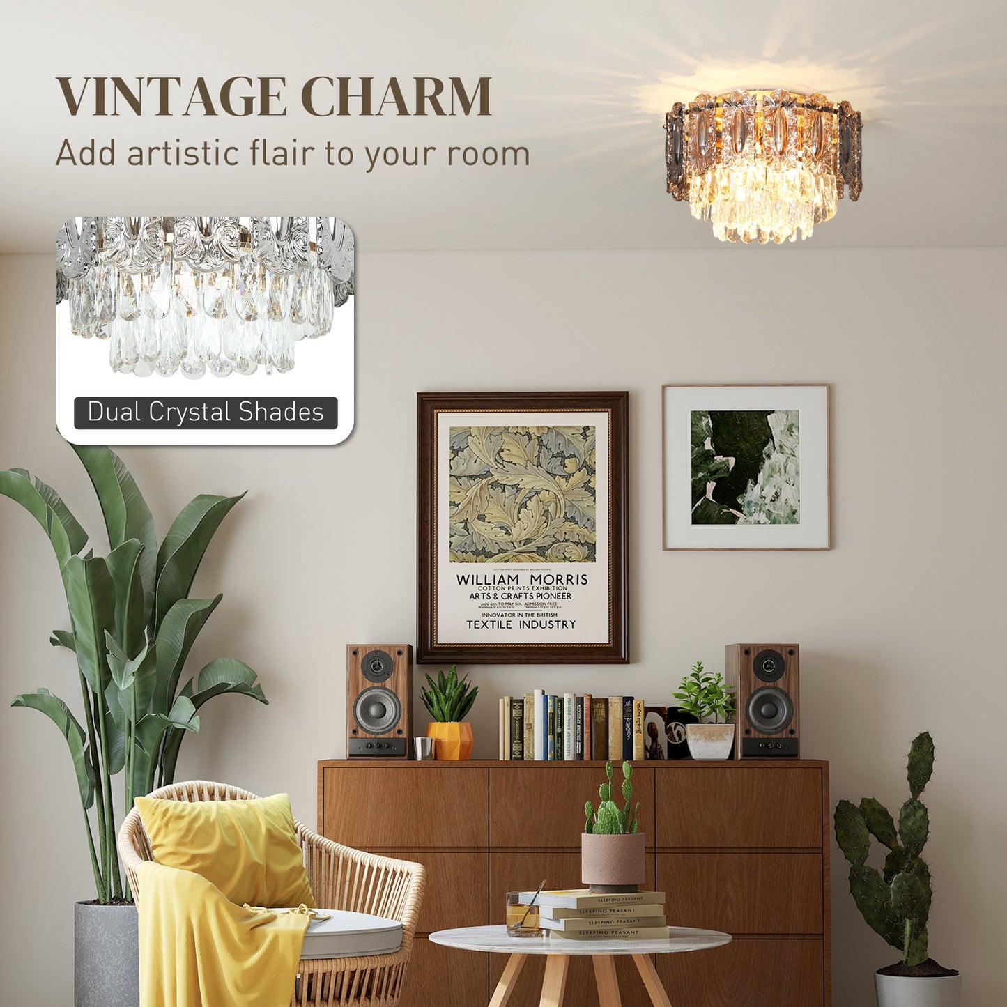 HOMCOM Chandelier Ceiling Light, 3-Light Vintage Flush Mount Fixture with Dual Crystal and Smoke Glass Shade, LED Ceiling Light for Living Room Bedroom, 3 E27 Sockets, Bulbs Not Included, Gold Tone