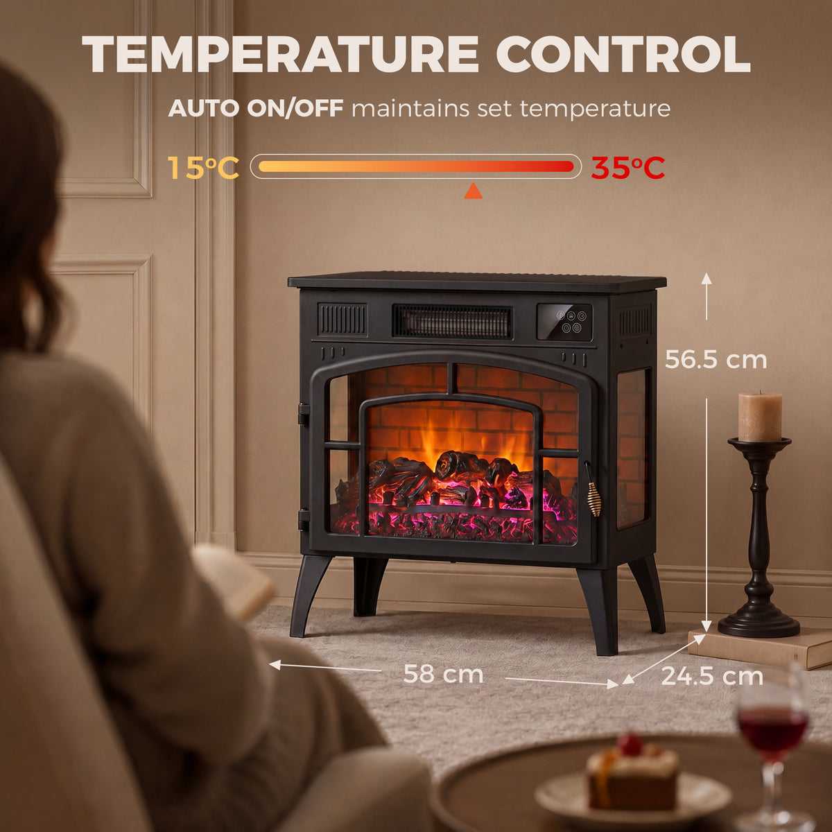 HOMCOM Smart Electric Fireplace Stove Log Burner, 3-Sided Glass WiFi Electric Fire Heater w/ 5-Colour Flame, Black