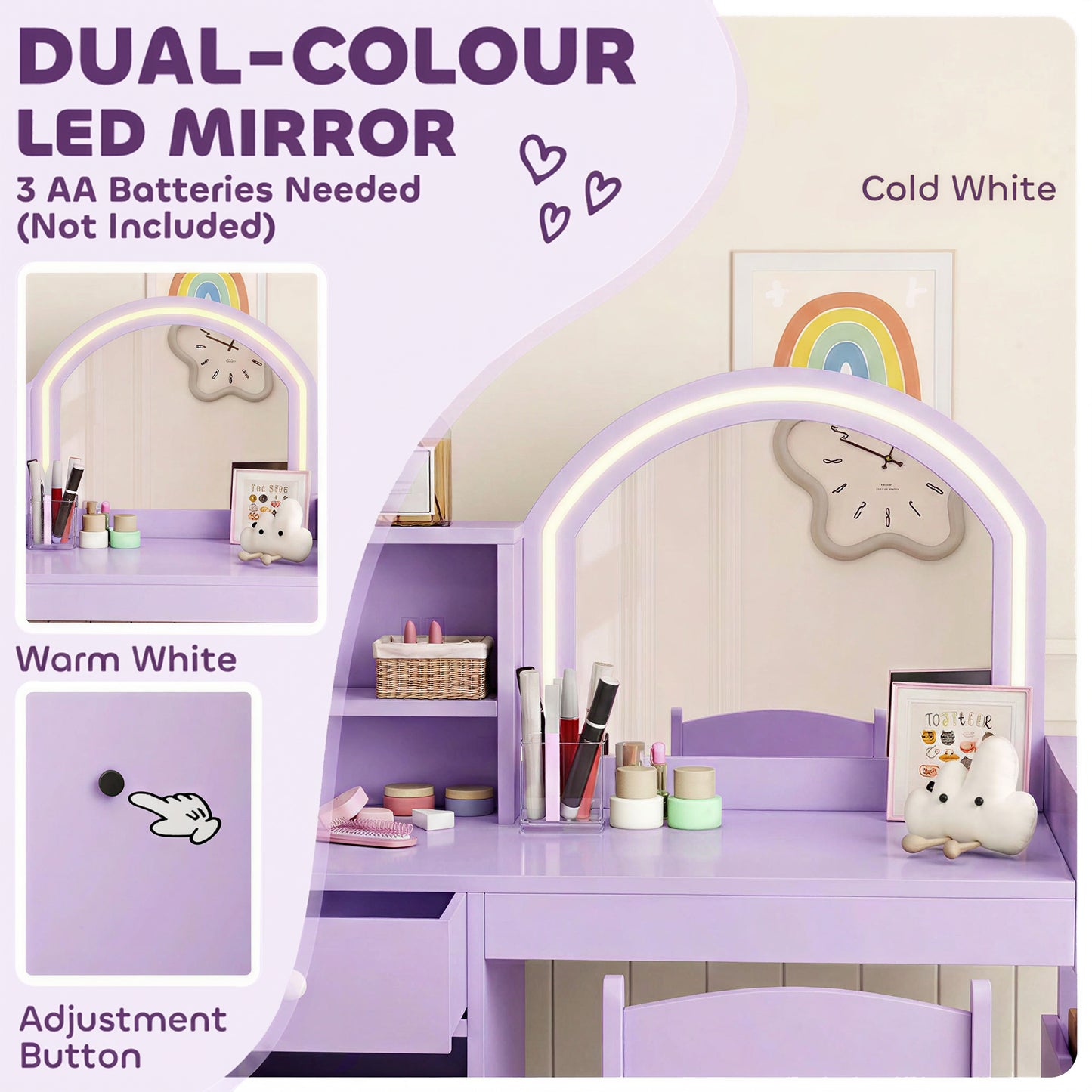 AIYAPLAY Kids Vanity Table and Chair Set, Girls Dressing Table with 2-Colour LED Mirror, Stool, Cabinet, Drawer, Shelves, Purple