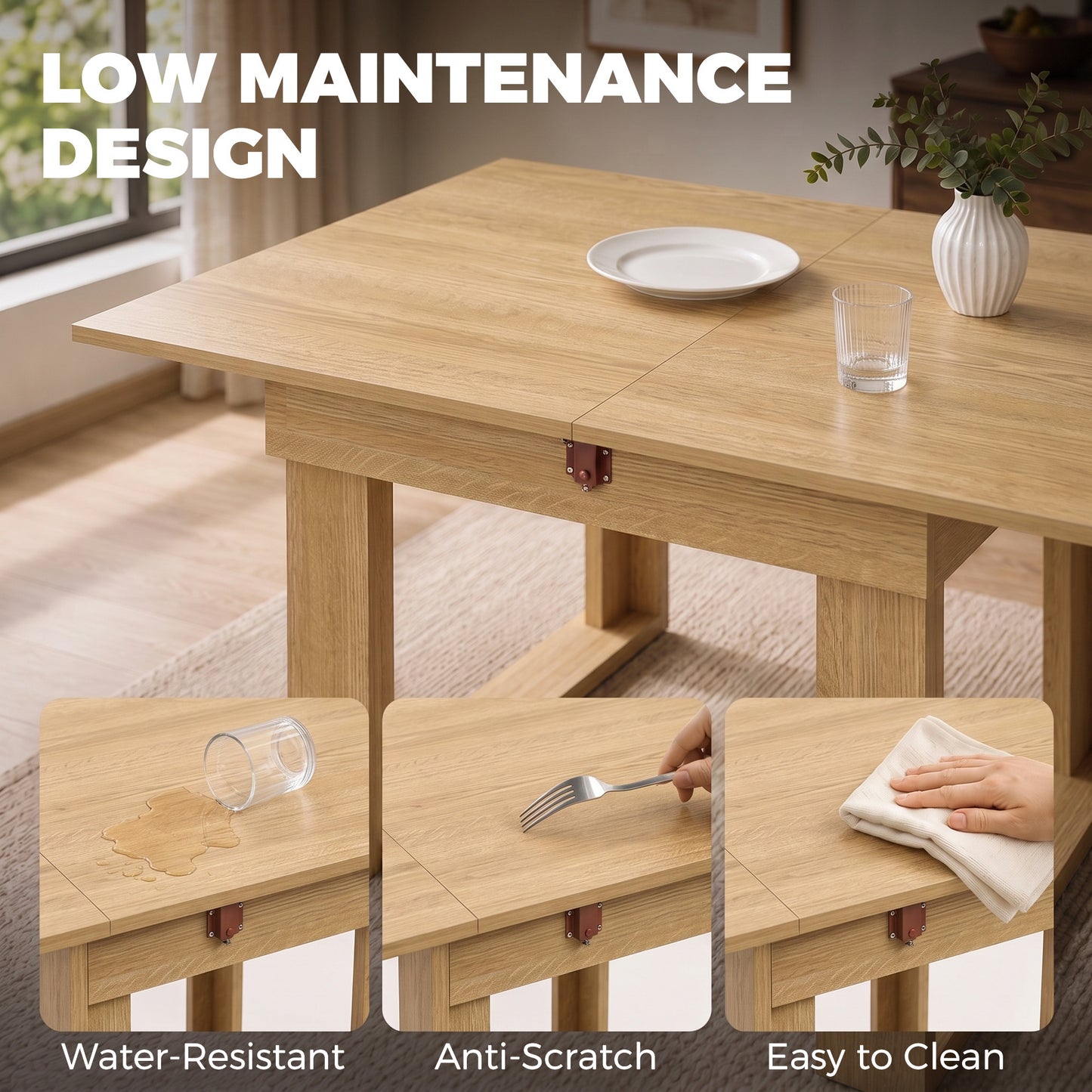 HOMCOM Folding Dining Table Under-Table Storage Extendable Kitchen Table Steel Rail Oak Effect