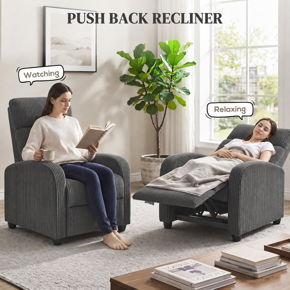 HOMCOM Recliner Armchair, Corduroy Push Back Reclining Chair with Thick Padding, Dark Grey