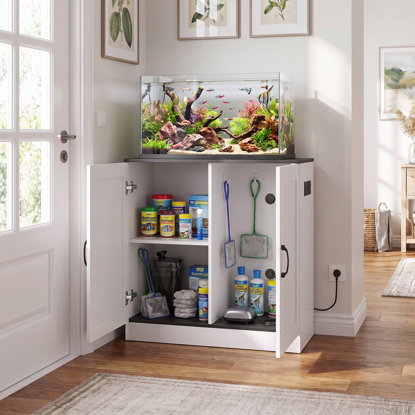 PawHut Fish Tank Stand, 20-29 Gallon Aquarium Stand with Cabinet Storage, Power Outlets and Anti-Tip Kit, White