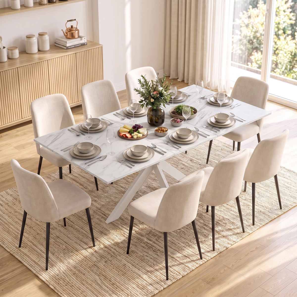 HOMCOM Extendable Dining Table Steel Cross Legs Steel Rails Space Saving White
