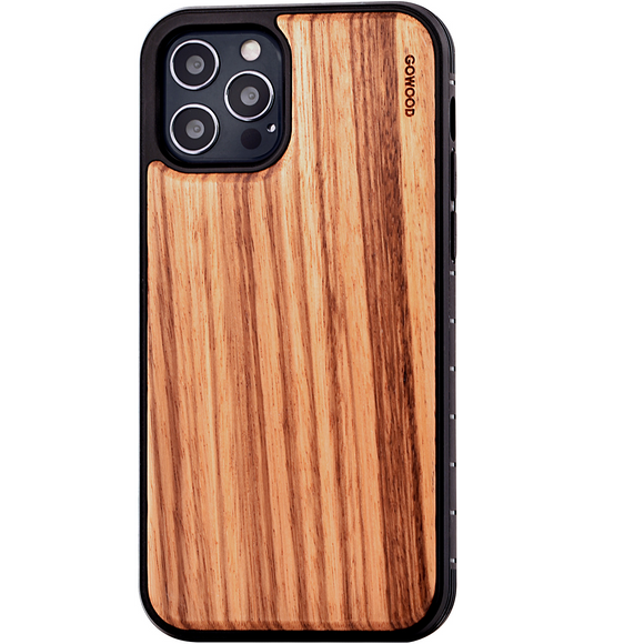 iPhone 12 and iPhone 12 Pro wood case zebra backside with TPU bumper and black PC