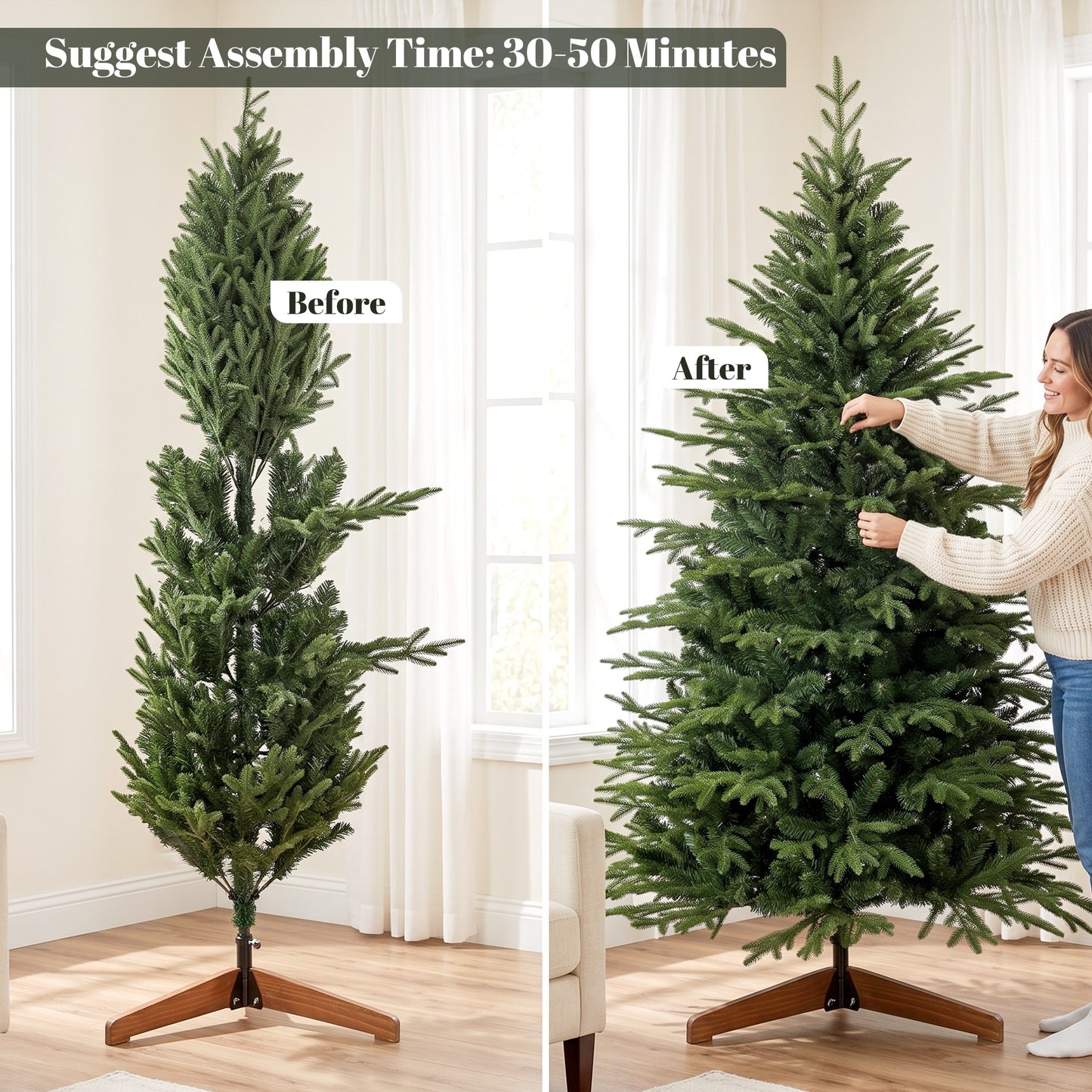 HOMCOM 7ft Artificial Christmas Tree Full Hinged Xmas Tree Solid Pine Wood Stand, Green