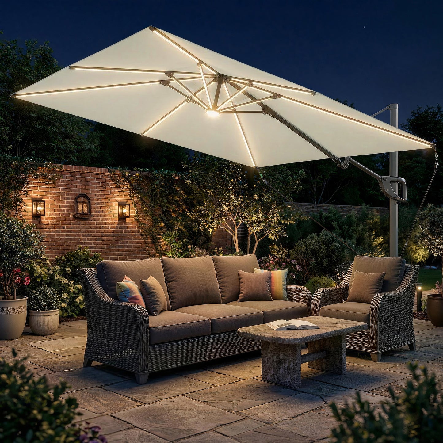 Outsunny 3 x 3 m Garden Cantilever Parasol w/ Light, Cover, UPF50+ Patio Umbrella w/ Wind Protection, 360Â° Rotation, Cream White