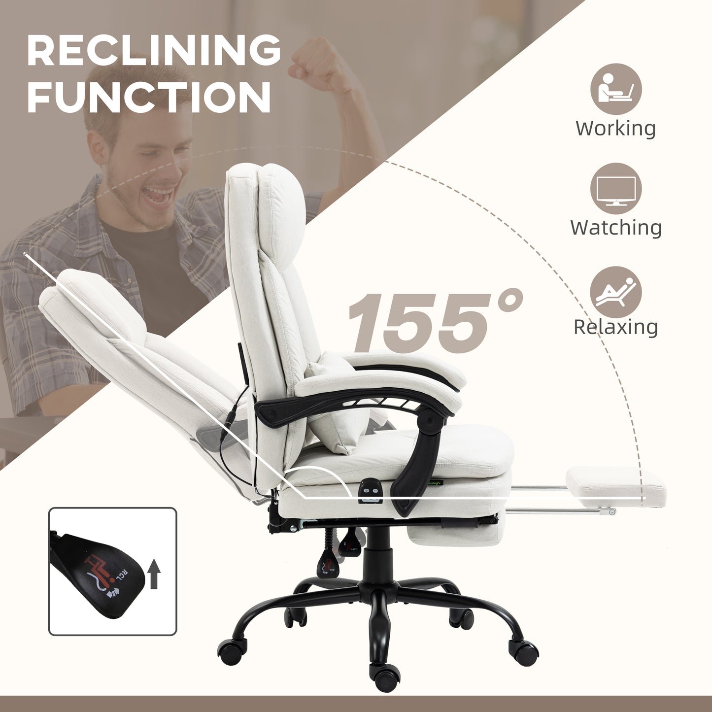 Vinsetto Office Chair, Ergonomic Desk Chair with 6-Point Vibration Massage and Lumbar Heating, Computer Chair with Lumbar Support Pillow, 155Â° Reclining Back and Footrest, Cream White