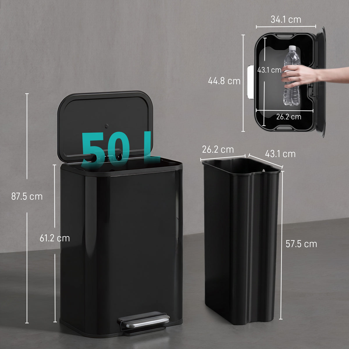 HOMCOM 50L Kitchen Bin, Metal Pedal Rubbish Bin with Soft Close and Stay-Open Lid, Removable Inner Bucket, High Gloss Black