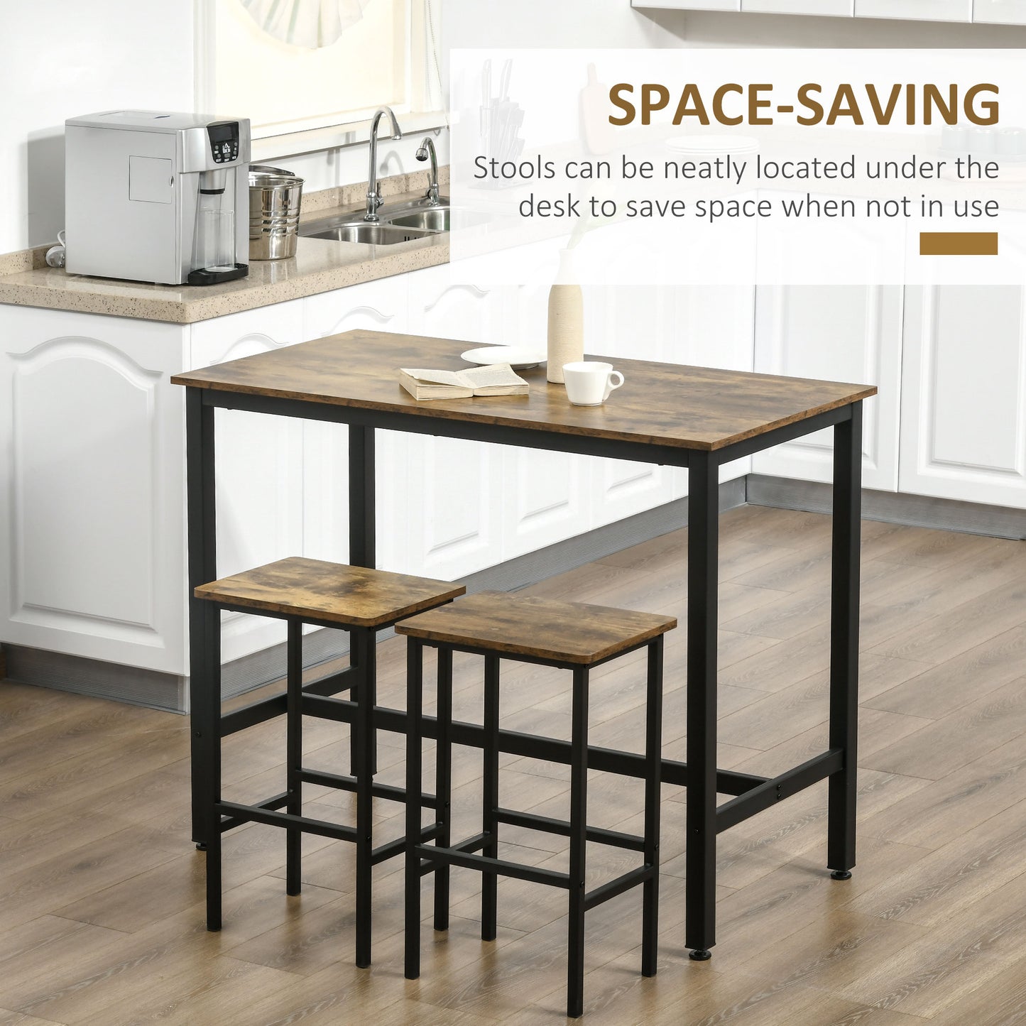 HOMCOM 120x60cm Bar Table Set, Breakfast Table with 2 Stools, 3-Piece Counter Height Dining Table & Chairs for Kitchen, Living Room, Rustic Brown