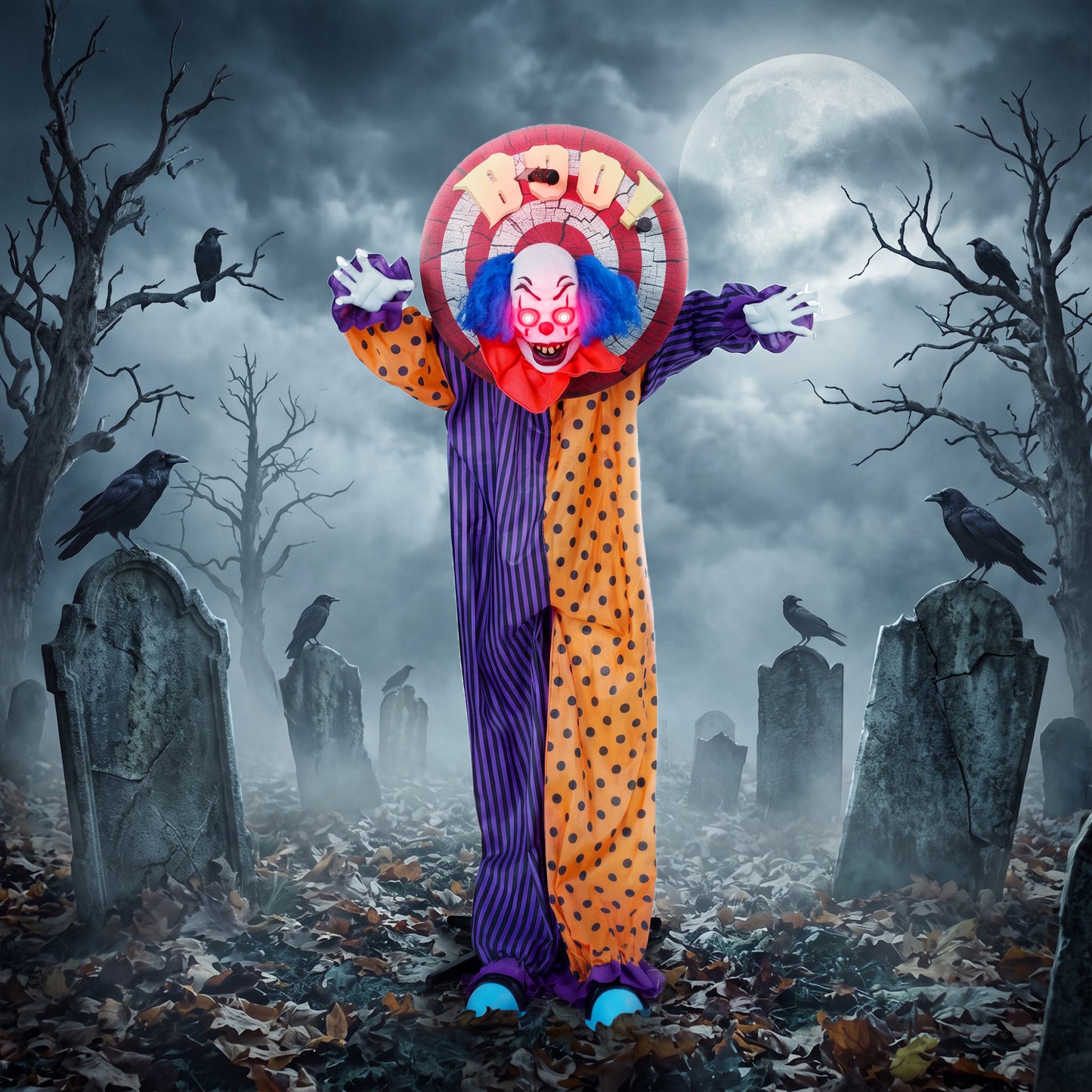 HOMCOM 167 cm Life Size Animated Clown Halloween Decoration, Scary Halloween Animatronics Decor with Sound Touch Activated
