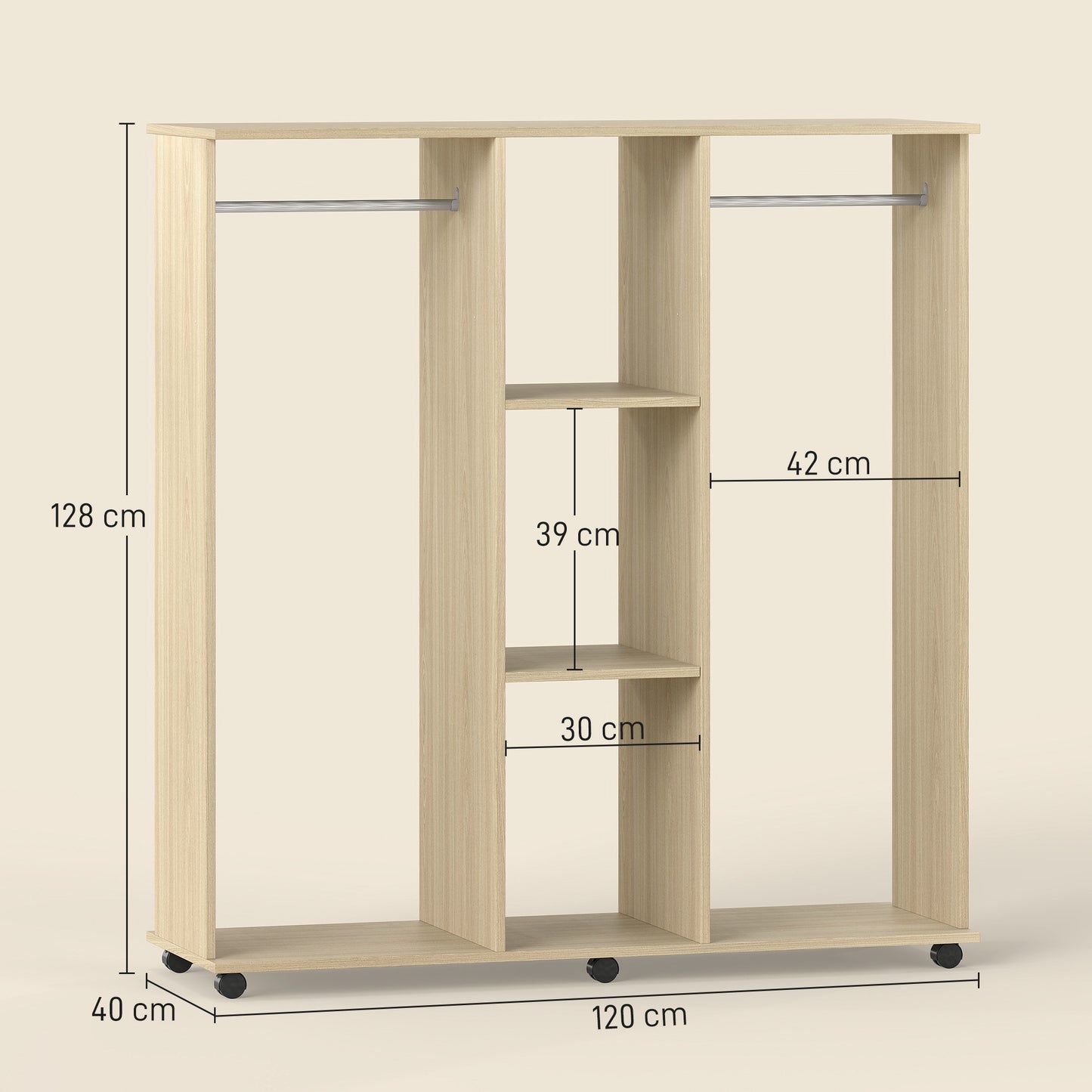 HOMCOM Open Wardrobe Double Mobile Storage Shelves Organizer W/6 Wheels-Natural