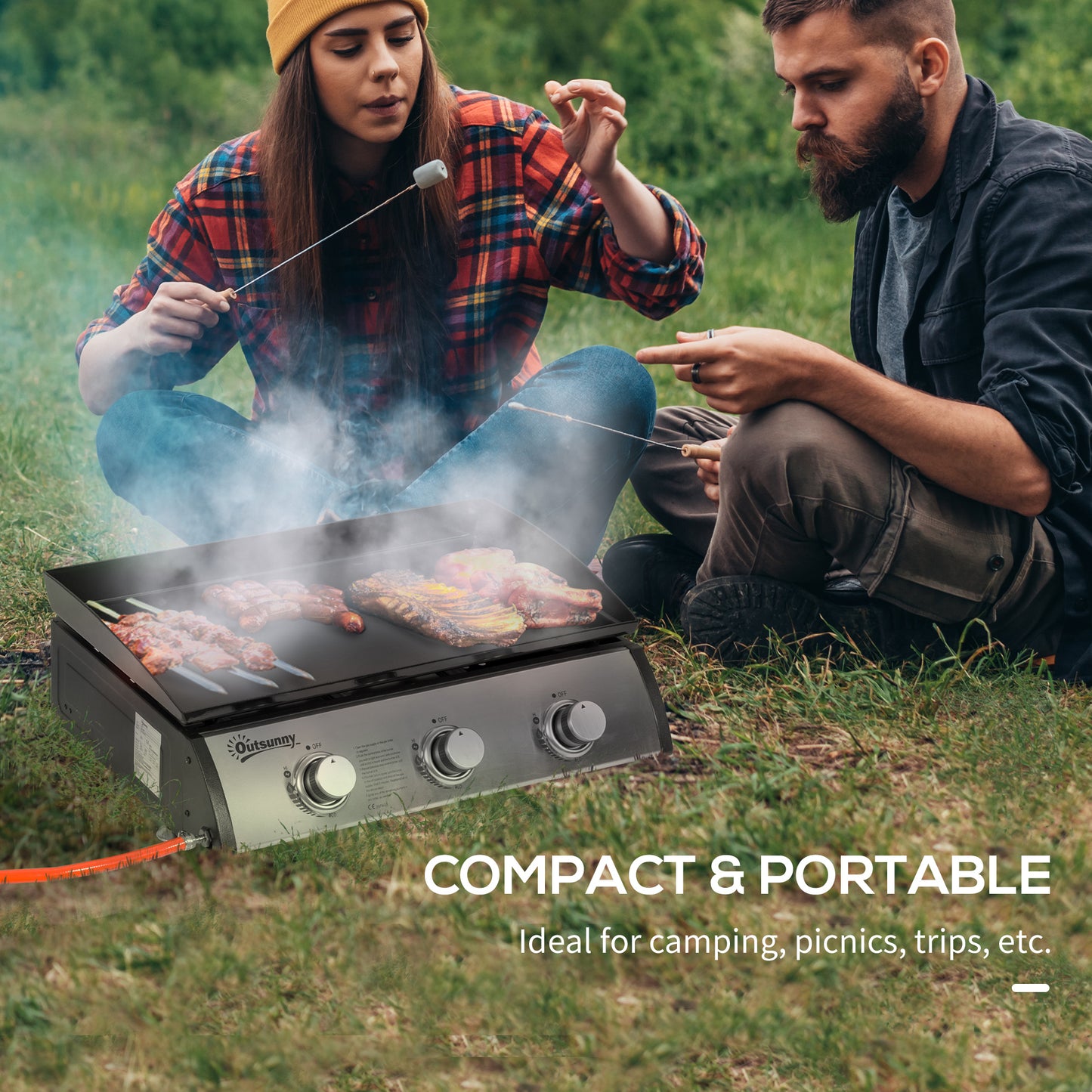 Outsunny Gas Plancha Barbecue Grill with 3 Stainless Steel Burner, 9kW, Portable Tabletop Gas BBQ with Non-Stick Griddle for Camping Picnic Garden Party Festival
