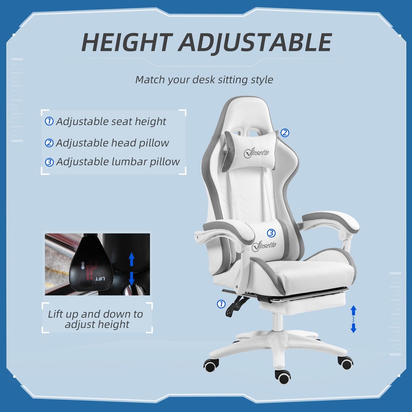 Vinsetto Computer Gaming Chair, PU Leather Desk Chair with Footrest, Swivel Task Chair with 135Â° Reclining Back and Lumbar Support, PC Chair for Adults, White and Grey