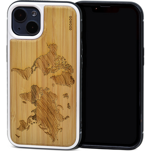 iPhone 13 bamboo wood case world map engraved backside with TPU bumper