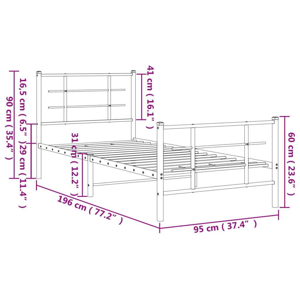 vidaXL Metal Bed Frame with Headboard and Footboard White 90x190 cm Single