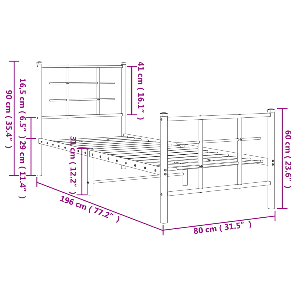 vidaXL Metal Bed Frame with Headboard and Footboard Black 75x190 cm Small Single