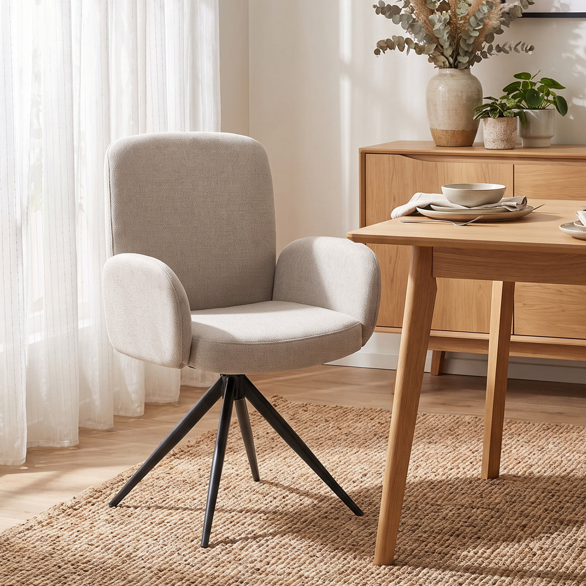 HOMCOM Swivel Accent Chair, Upholstered Linen-Look Armchair with Curved Backrest, Wrapped Armrests for Living Room, Light Brown