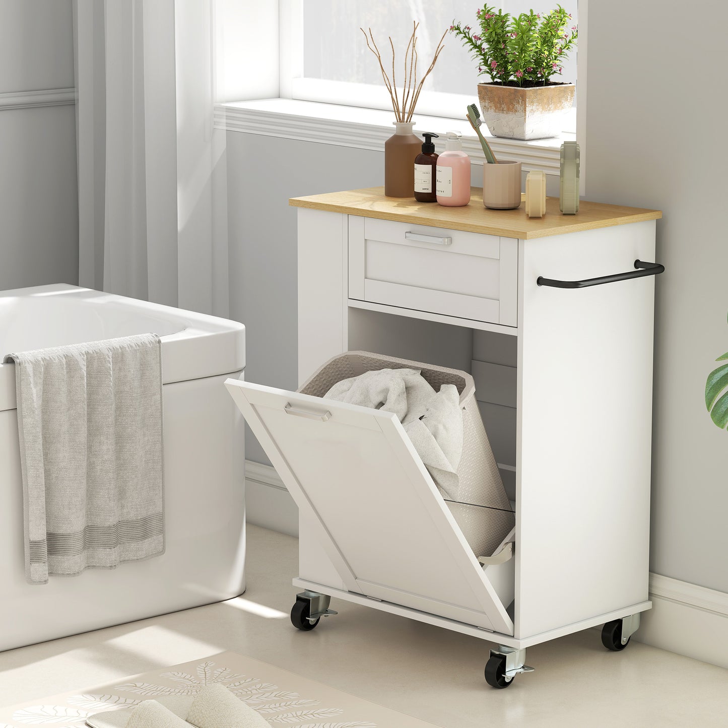 HOMCOM Kitchen Storage Trolley on Wheels, Rolling Kitchen Island with 2 Drawers, Tilt-Out Rubbish Cabinet and Storage, White