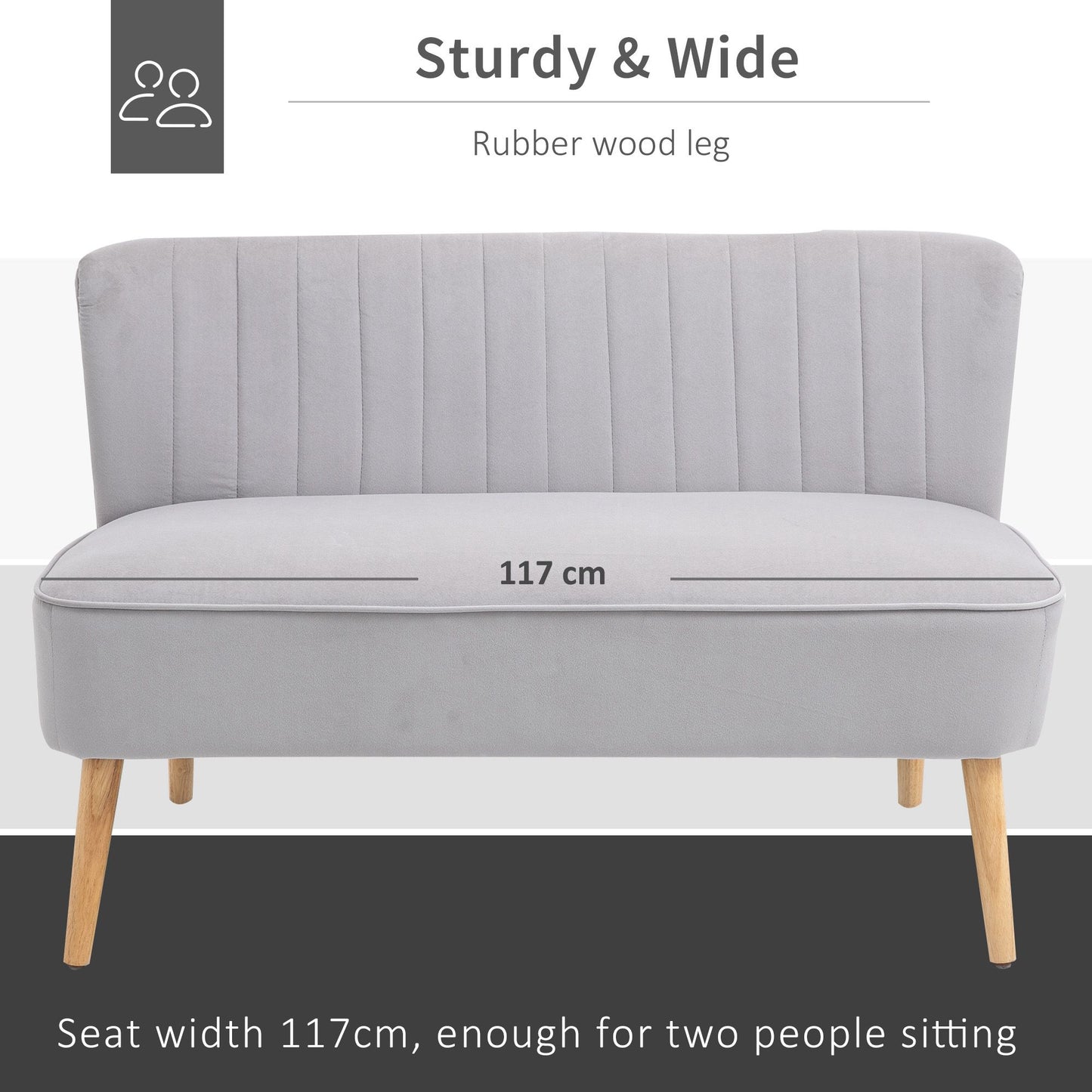 HOMCOM Modern Velvet Double Seat Sofa w/ Wood Frame Foam Padding High Back Soft Comfortable Compact Couch Light Grey