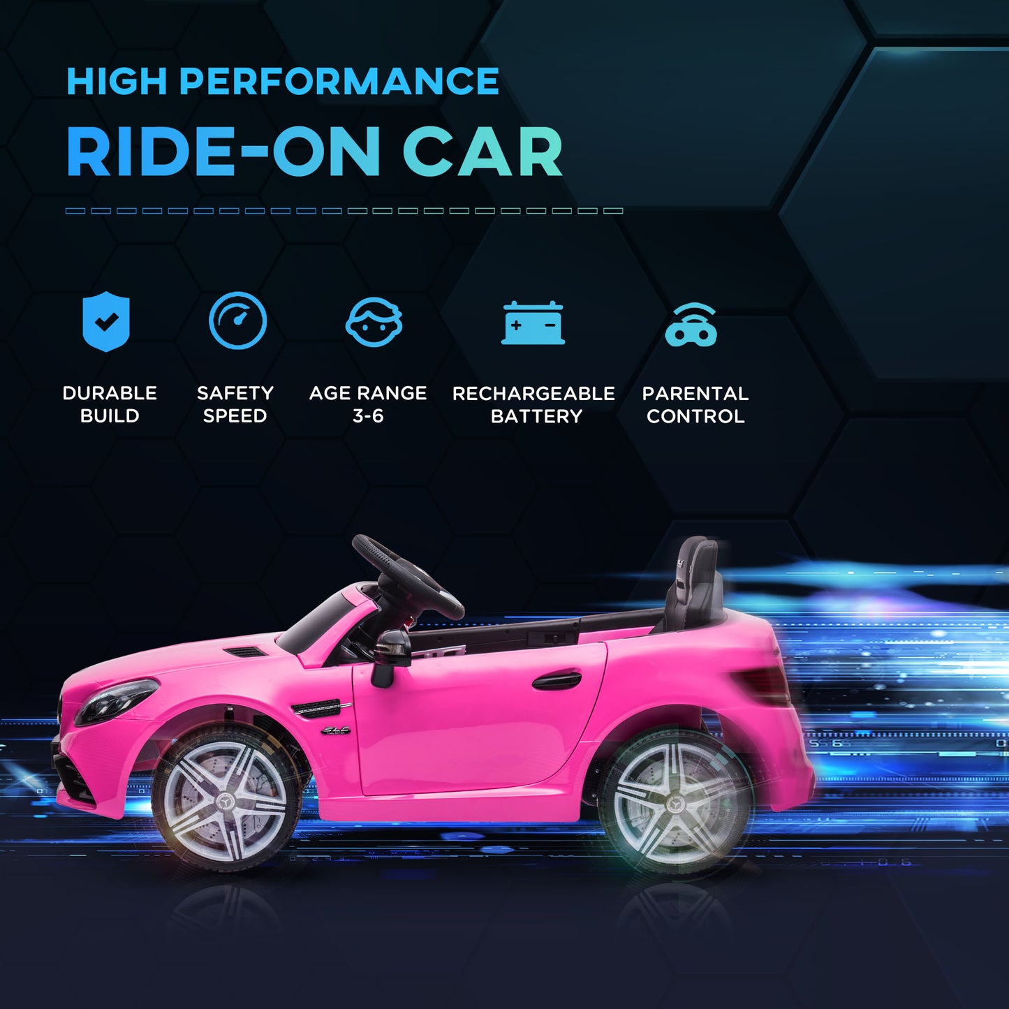 HOMCOM Benz SLC 300  Licensed 12V Kids Electric Ride On, with Music, Remote Control, LED Headlights, Horn, Pink