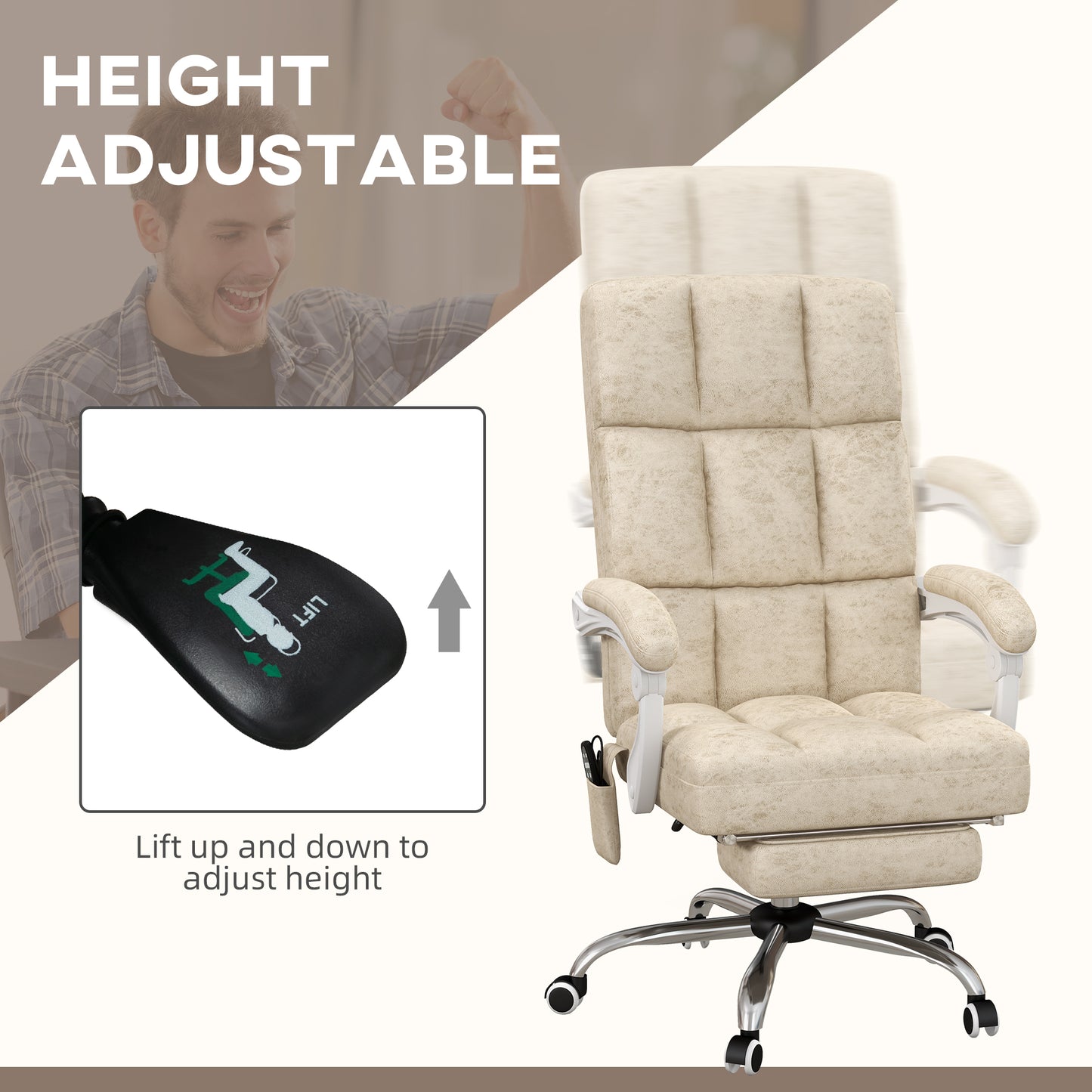 Vinsetto Massage Office Chair, Ergonomic Desk Chair, Comfy Work Study Chair with Heat, Padded Seat, 135Â° Reclining Back and Footrest for Home Office, Beige