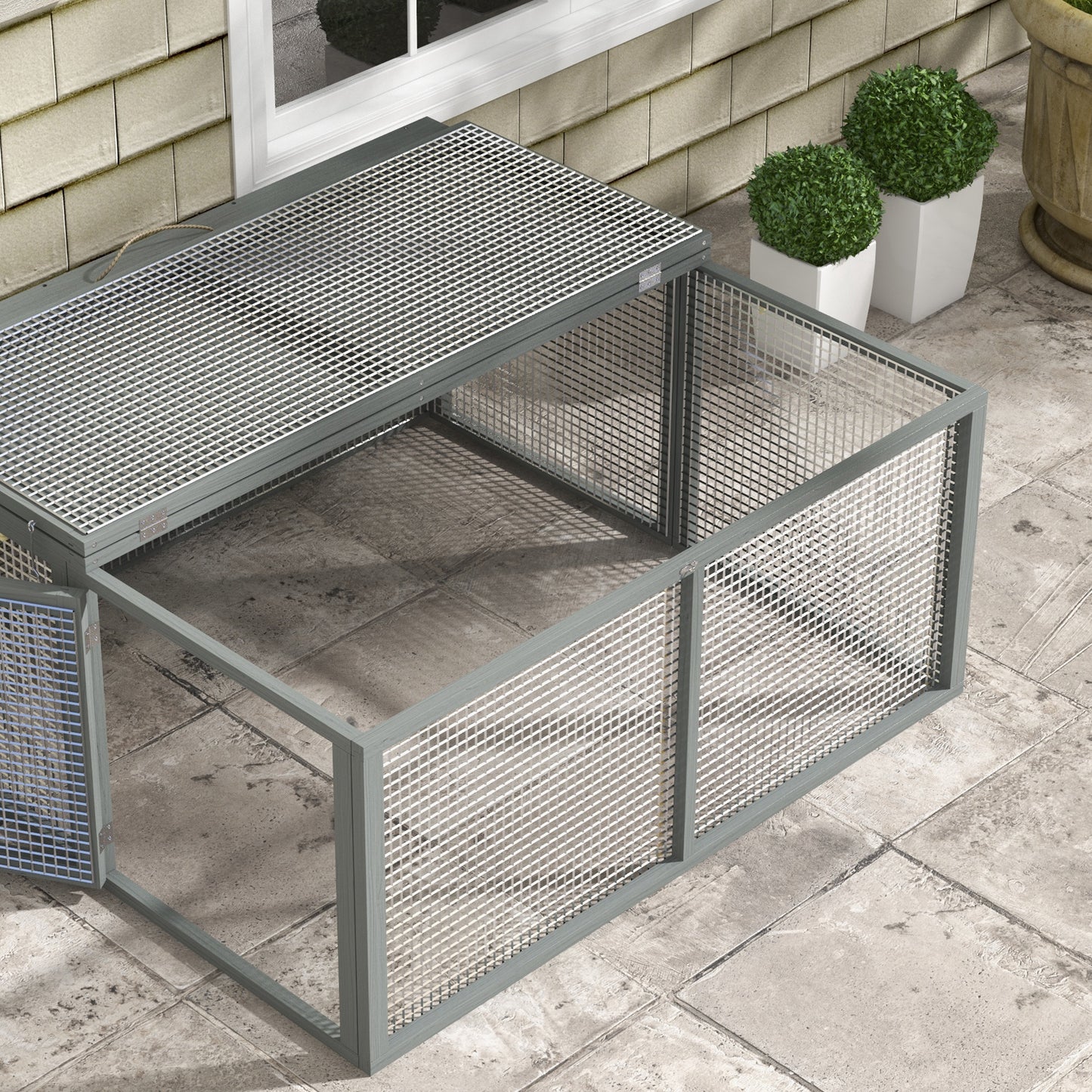 PawHut Folding Rabbit Run Wooden Large Rabbit Hutch for 2-3 Rabbits, Grey