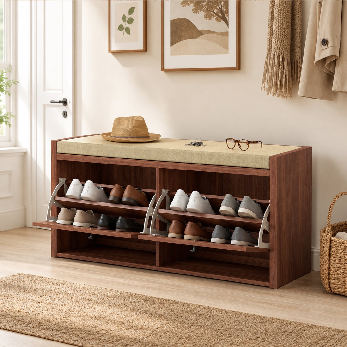 HOMCOM Rattan Shoe Bench with Padded Cushion and 2 Cabinets for Hidden Storage, Brown