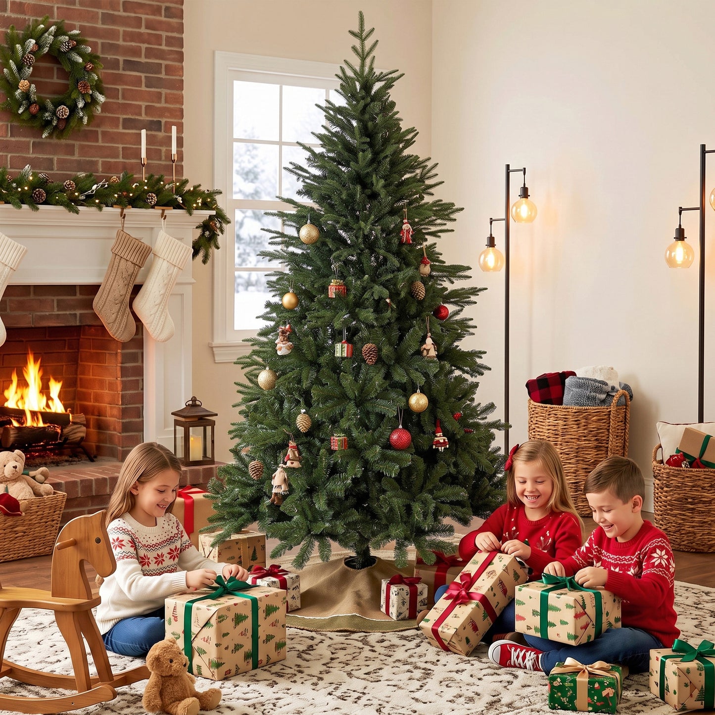 HOMCOM 180 cm Artificial Christmas Tree Full Hinged Xmas Tree Solid Pine Wood Stand, Green