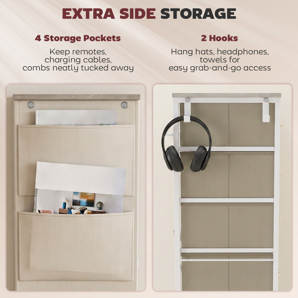 HOMCOM Chest of Drawers, Dresser with 4 Fabric Drawers, Tall Storage Unit with 4 Pockets and 2 Hooks, Steel Frame, Natural Wood