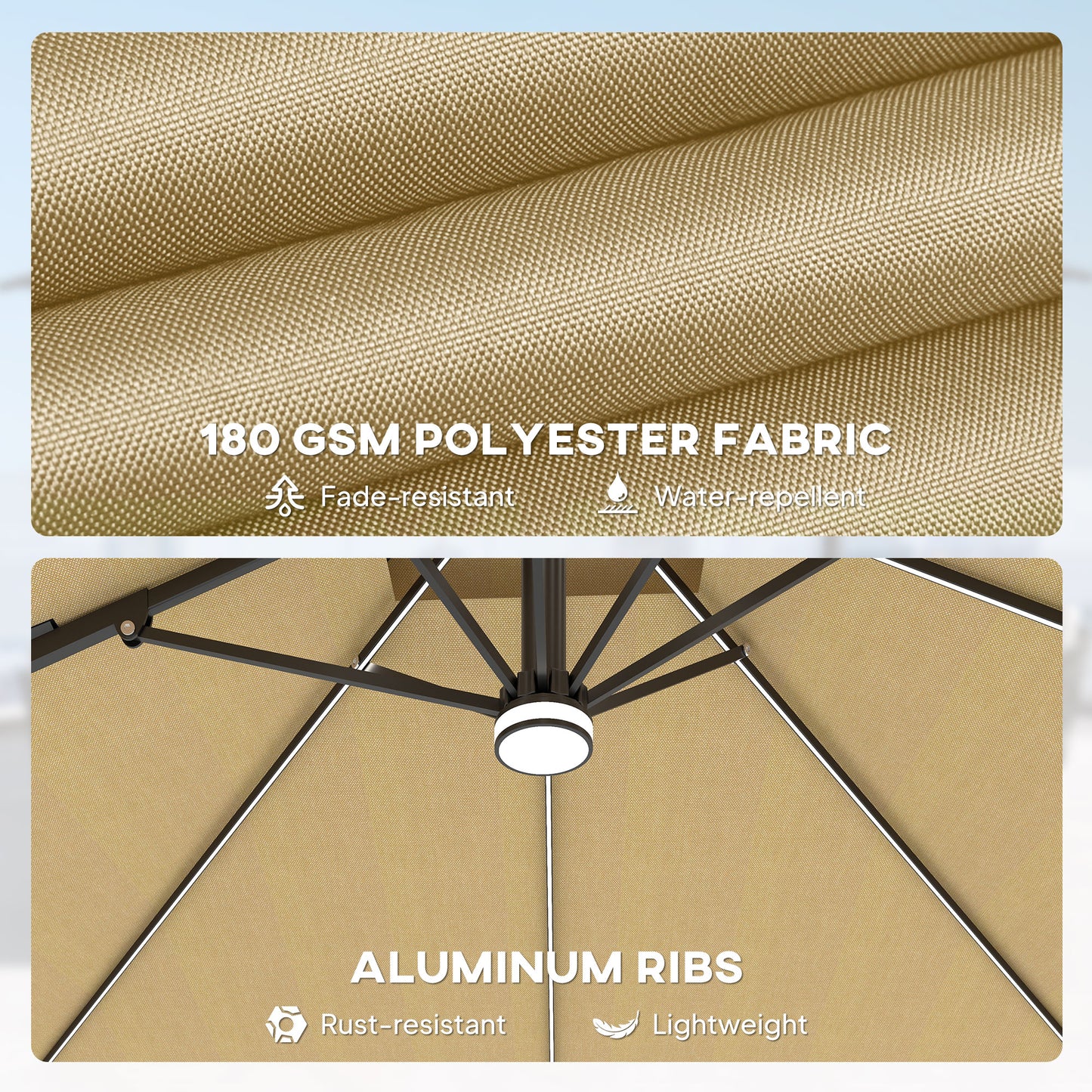 Outsunny 2.5m Cantilever Parasol with Solar Powered LED Lights, 360° Rotation, Tilt Adjustment, Crank Handle, Khaki
