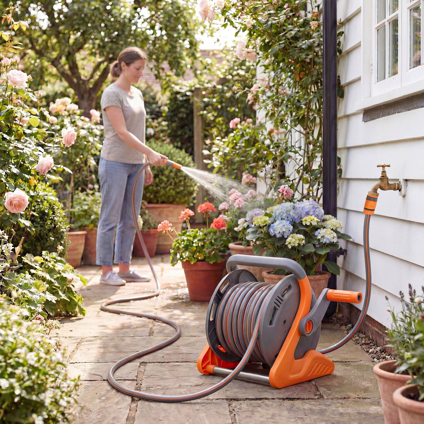 Outsunny Portable Garden Hose Reel, 20+2 m Wall Mounted Hose Reel with 2 Patterns Spray Nozzle and Crank Handle, Orange