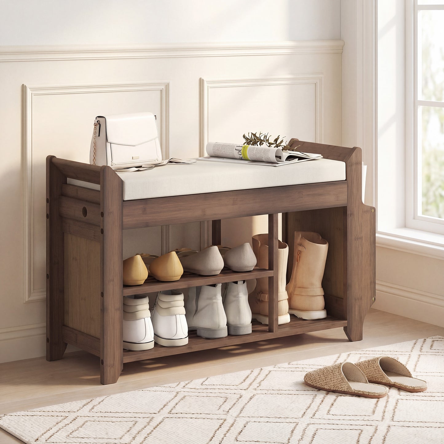 HOMCOM Shoe Bench 2-Tier Boot Section Entryway Storage Bench Cushioned Seat 100 x 30 x 50 cm Dark Brown and Cream