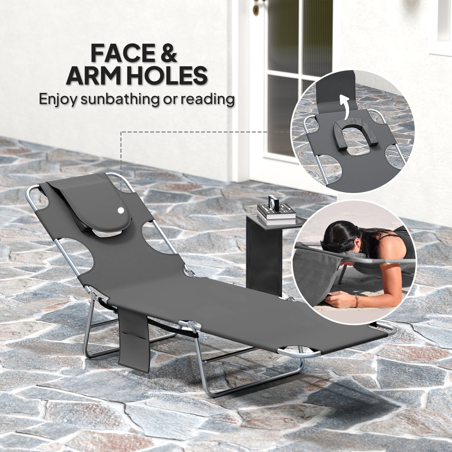 Outsunny Foldable Sun Lounger Set of 2, Beach Chaise Lounge with Reading Hole, Arm Slots, 5-Position Adjustable Backrest, Side Pocket, Pillow for Garden, Beach, Pool, Dark Grey