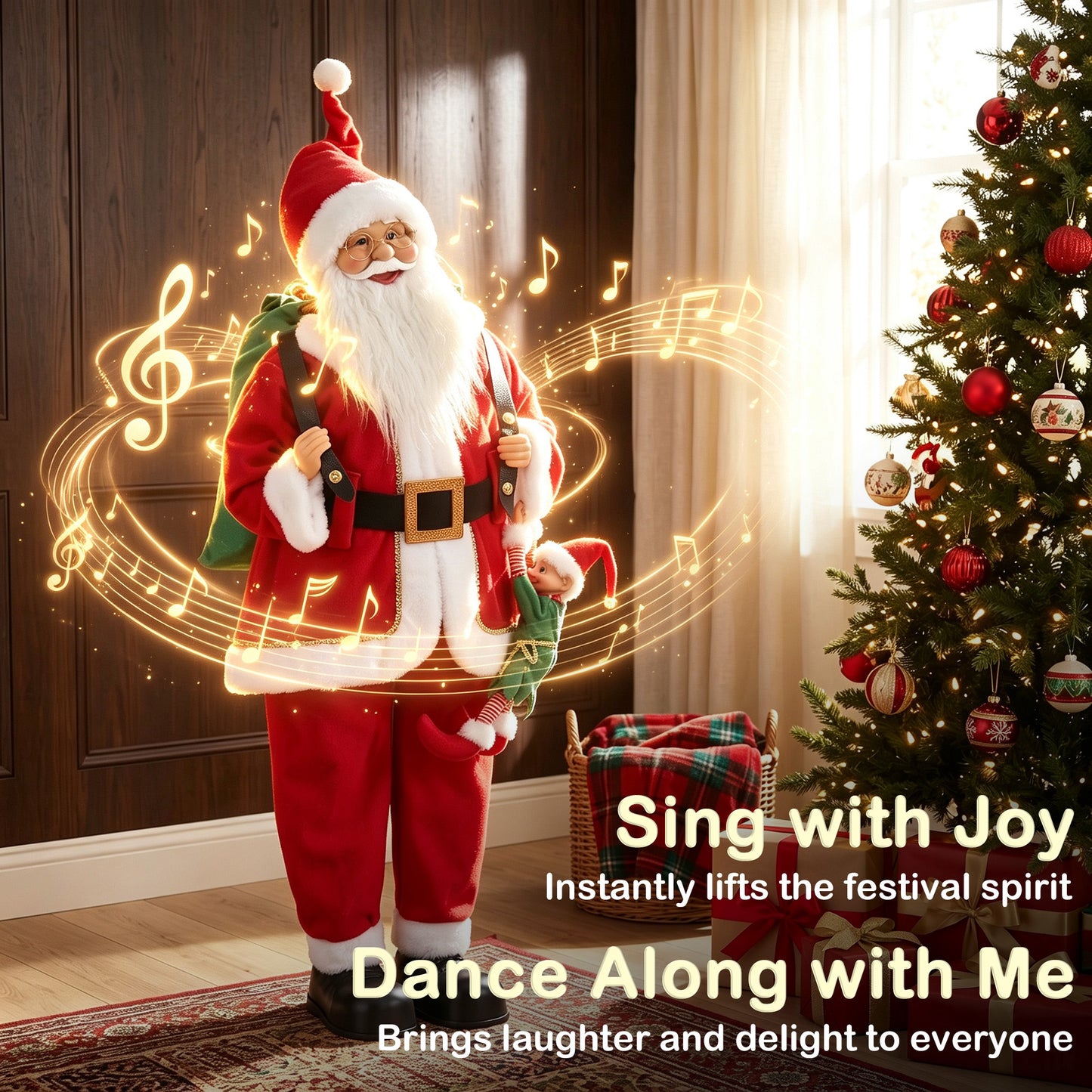 HOMCOM 4ft Singing Dancing Santa Claus, Standing Christmas Animated Santa Figure with Sack, Hanging Elf, Sound/Touch Activated