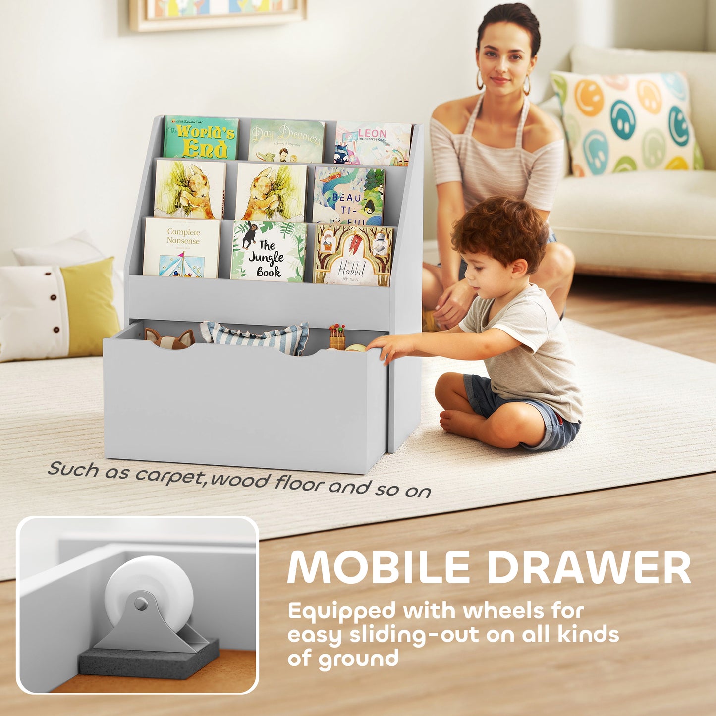 AIYAPLAY Bookcase for Kids with Shelves, Drawer, Bookcase for Bedroom, Playroom, Grey