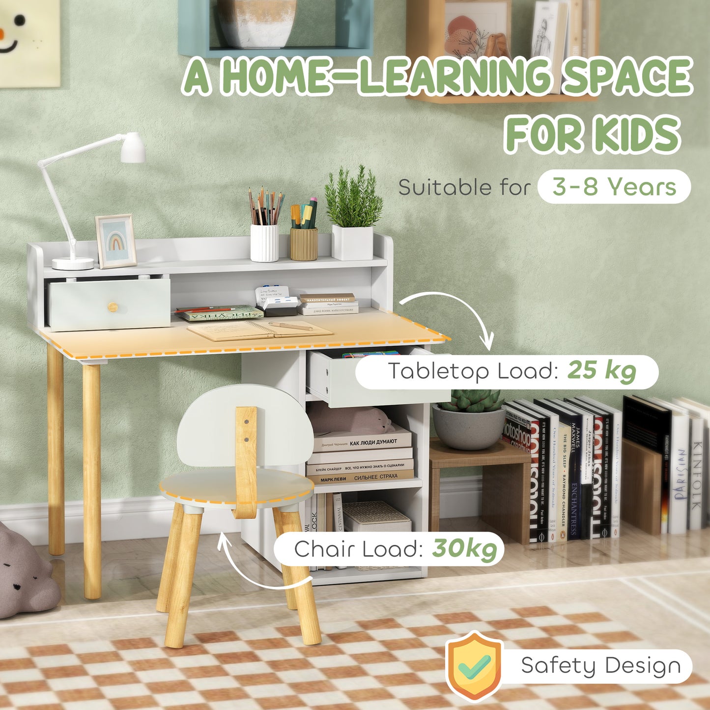 AIYAPLAY Two-Piece Children Study Table with Hutch, Kids Desk and Chair Set with Storage, Drawer, Shelves, Green