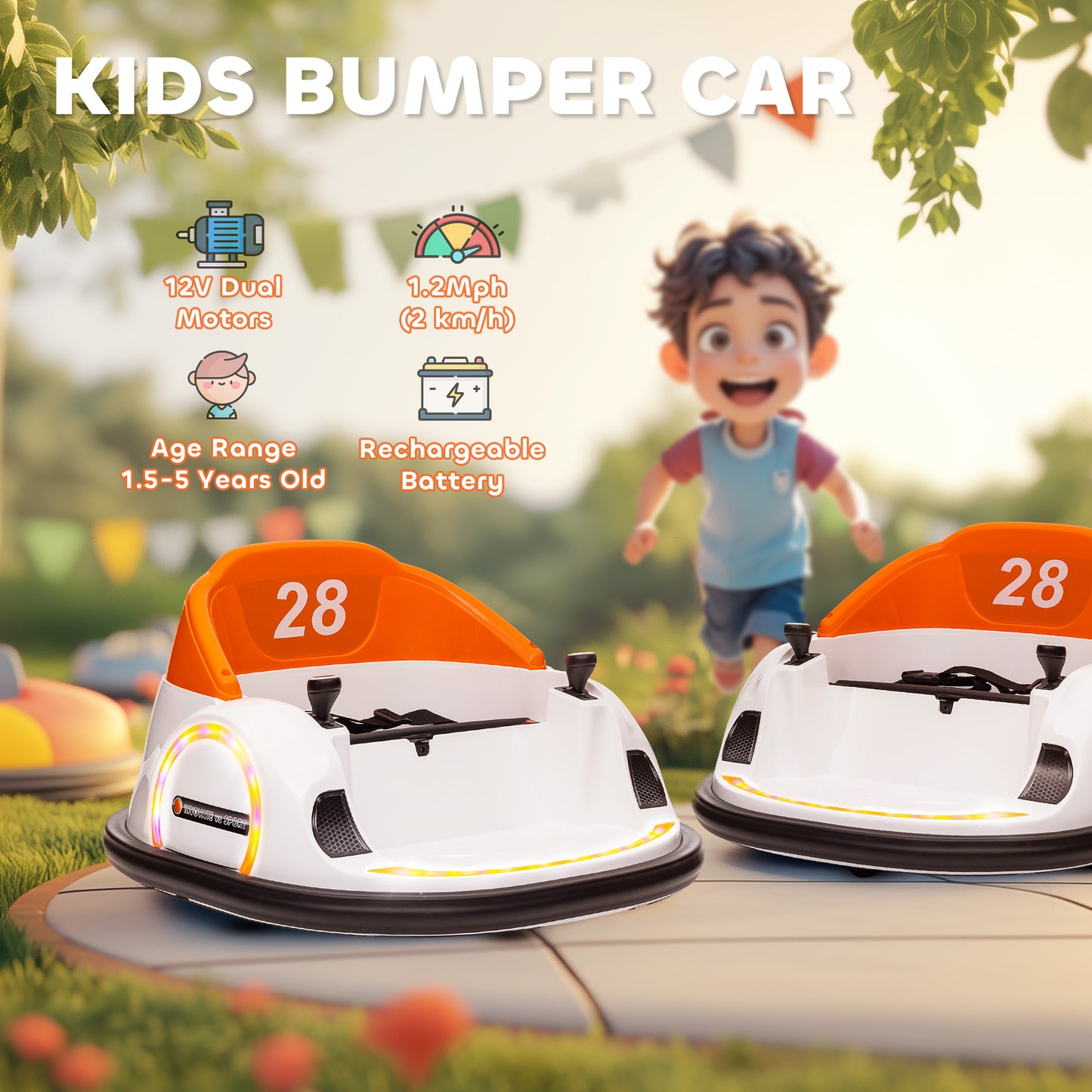 AIYAPLAY 360Â° Rotation Kids Bumper Car, 12V Waltzer Car with Remote Control, Dual Joysticks, Music Lights, Orange