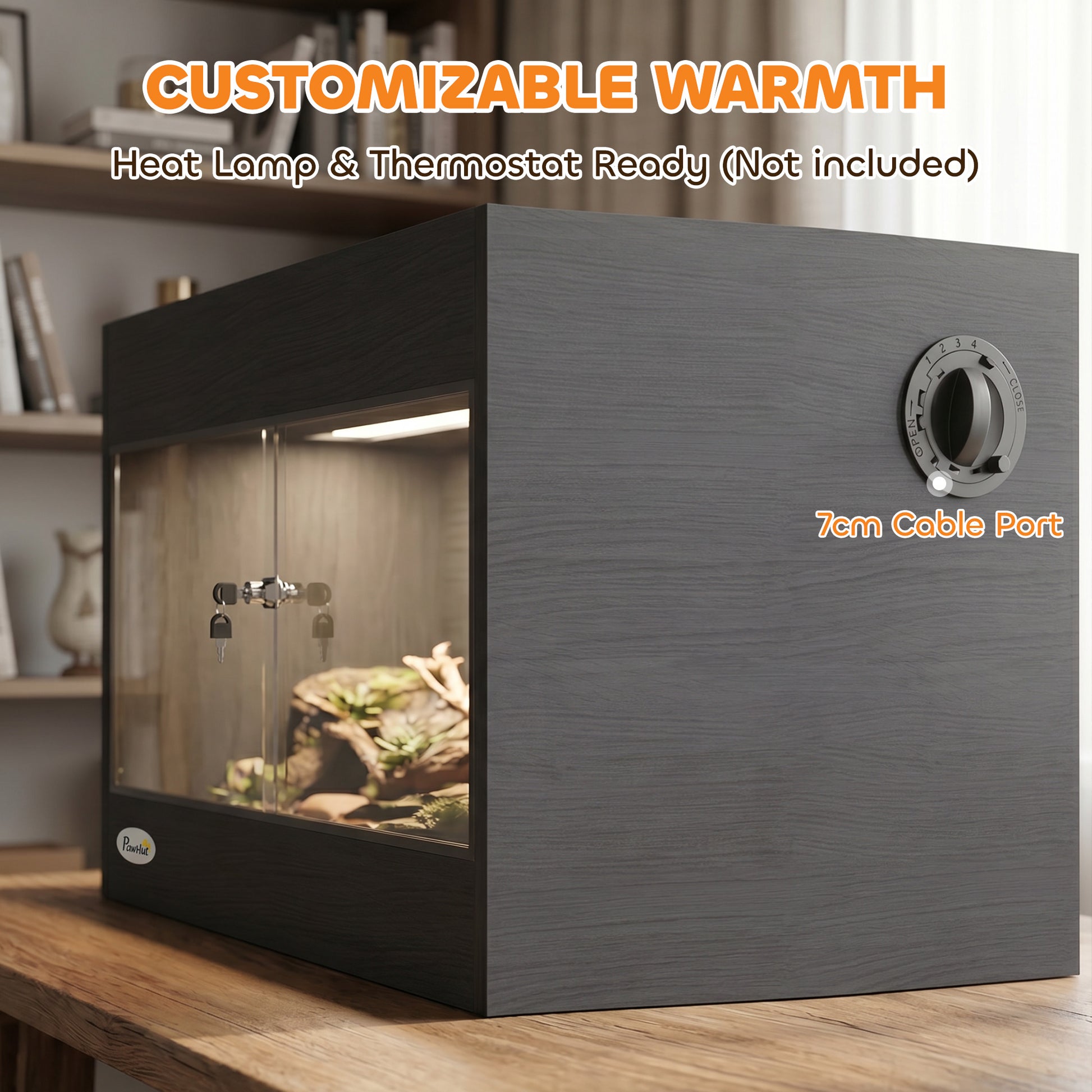 PawHut Reptile Terrarium, Reptile Vivarium with Glass Doors, Secure Lock, Top Ventilation for Snake, Gecko, 60x45x45cm, Black