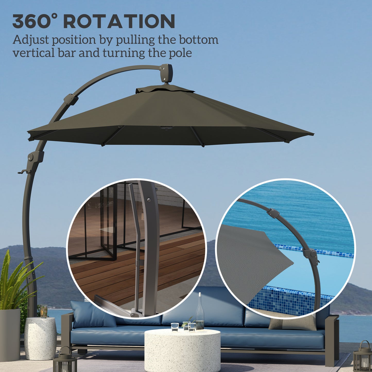 Outsunny 3(m) Garden Cantilever Parasol, Round Overhanging Umbrella with Crank Handle, Cross Base, Aluminium Frame and 360Â° Rotation, Banana Patio Umbrella for Outdoor Sun Shade, Grey